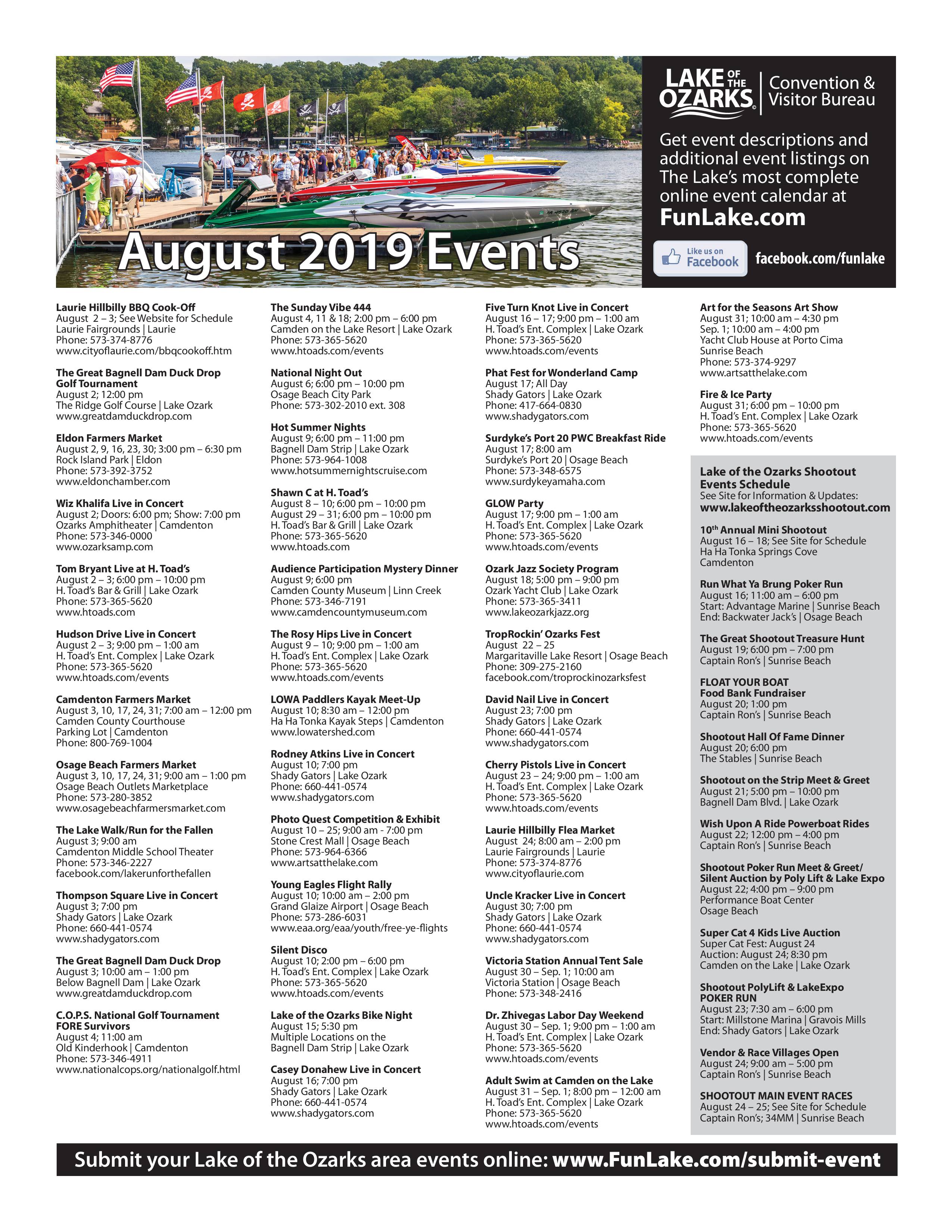 Aug 2019 Lake of the Ozarks Events Calendar
